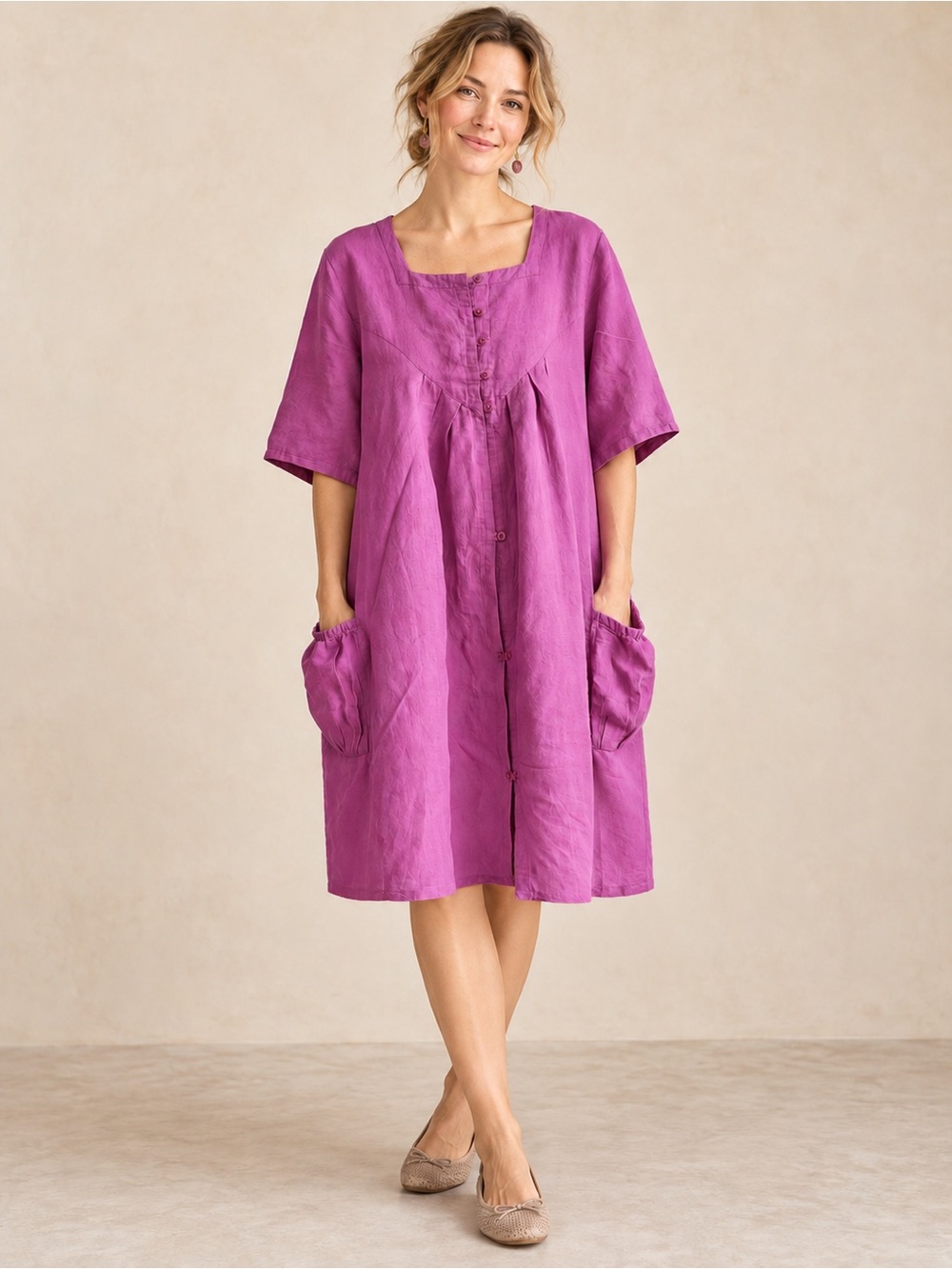 Gudrun Sjödén Lilac Cotton Linen Button Pocket Lagenlook Dress Large
